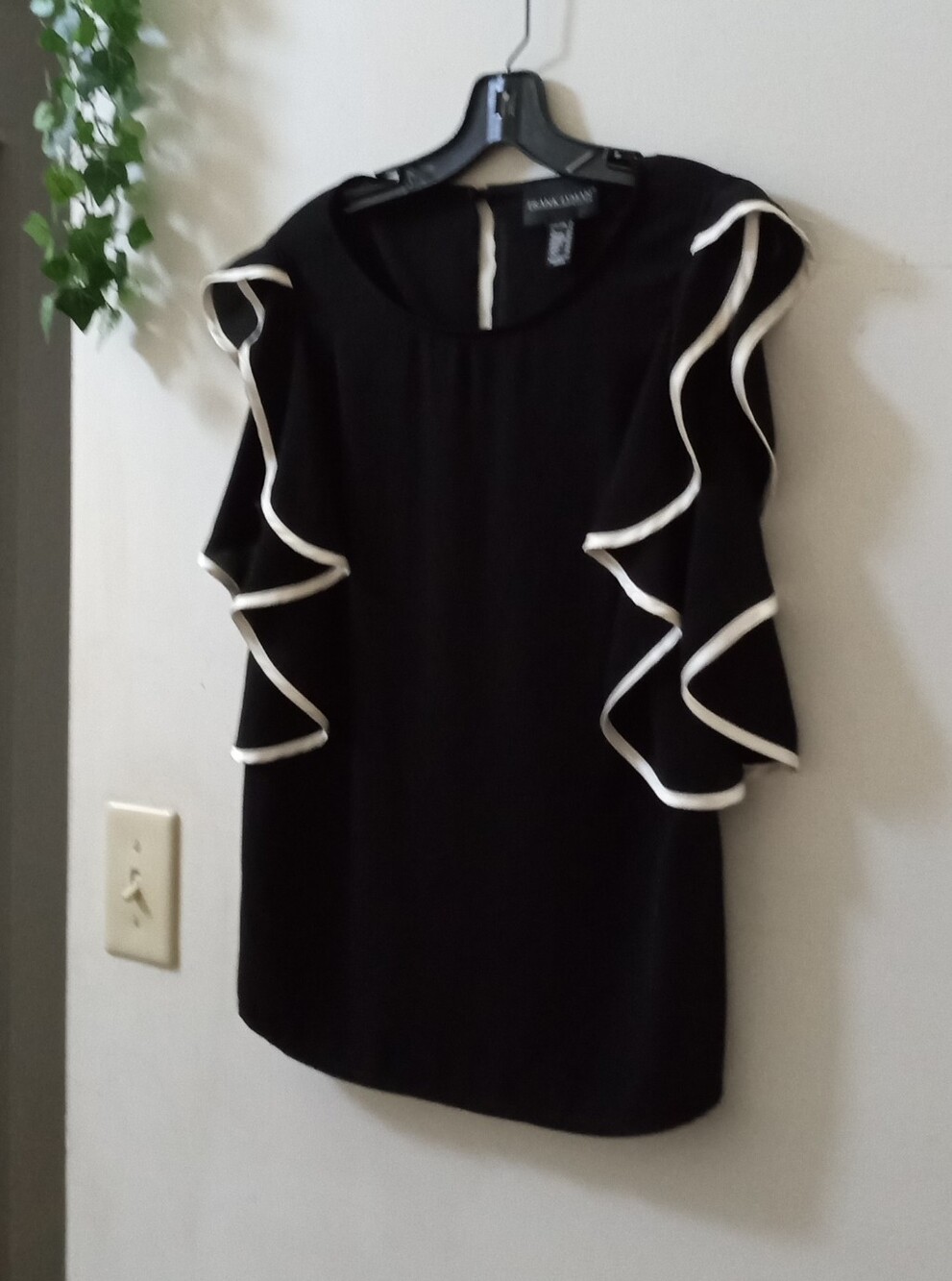 Frank Lyman Design Black Blouse with White-Trim Ruffle Sleeves